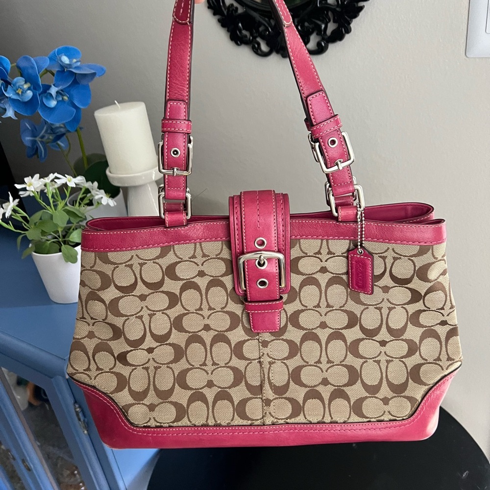 Coach Hot Pink Leather and Tan Canvas Large Shoulder Bag